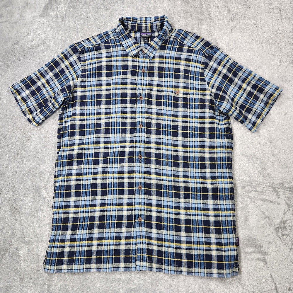 Patagonia Shirt Mens XL Blue Yellow Plaid Organic Cotton‎ Button Up Short Sleeve